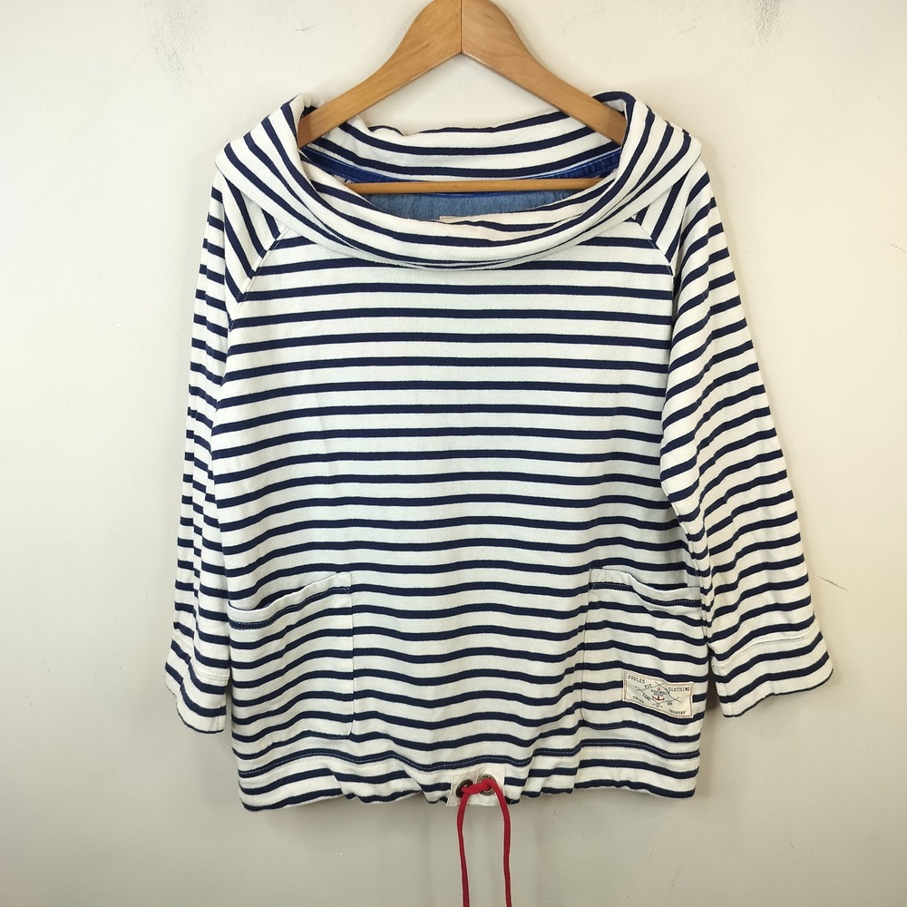 Joules Cowl Neck Sweatshirt Womens 10 Striped Nautical Drawstring Blue White